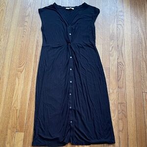 LOFT black ribbed button front twist waist cap sleeve maxi dress L